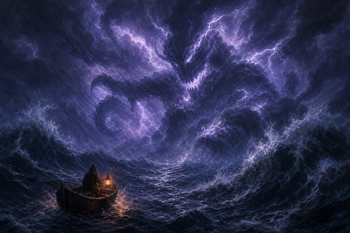 Un gardien de phare seul dans une barque, lanterne à la main, face à un léviathan d'orage — le boss final de la formation.